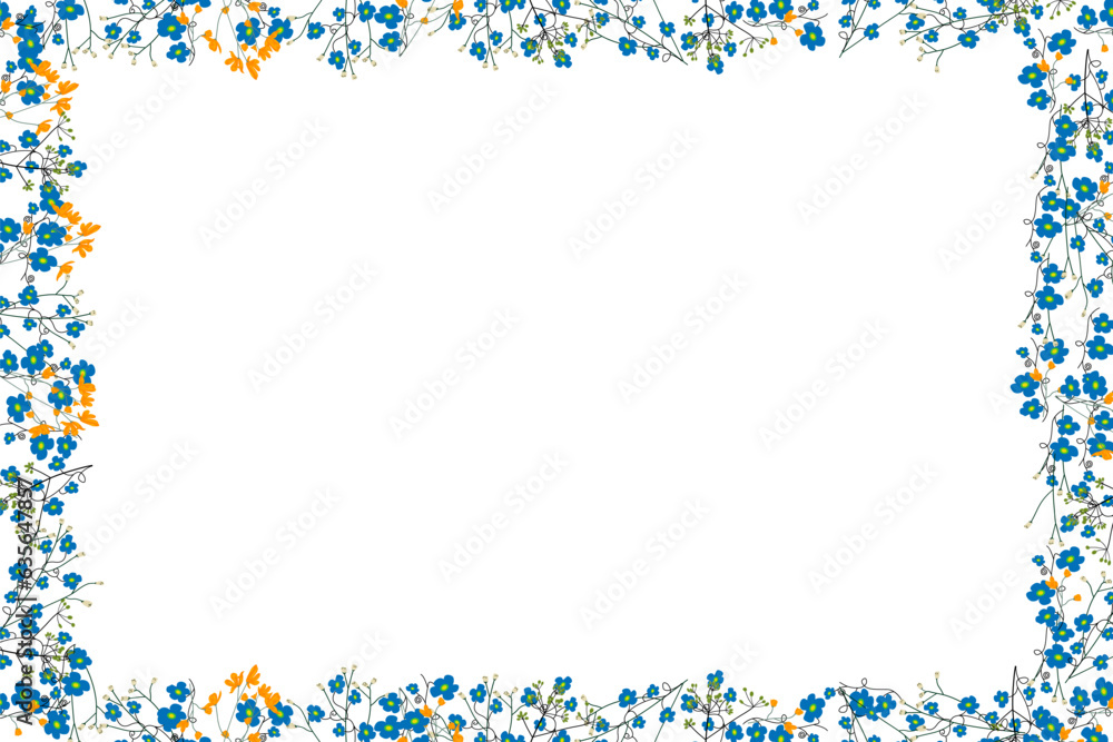 Creative art frame with white empty space for your text. Useful for photo cards,school invitations,advertising. Design template with blue and yellow ditsy field flowers. Creative art frame with white empty space for your text. Useful for photo cards,school invitations,advertising. Design template with blue and yellow ditsy field flowers.