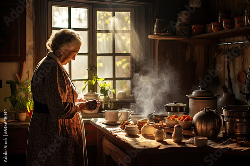 Grandmother cooking on kitchen. Generative ai