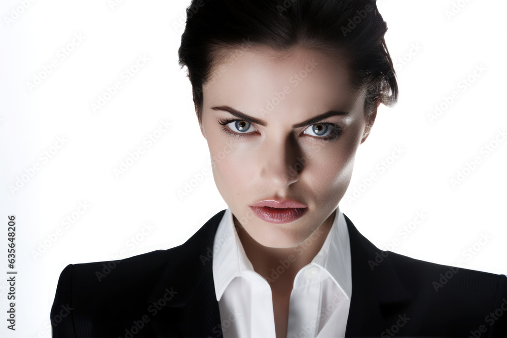 angry looking business woman with impressive eyes on white background angry looking business woman with impressive eyes on white background