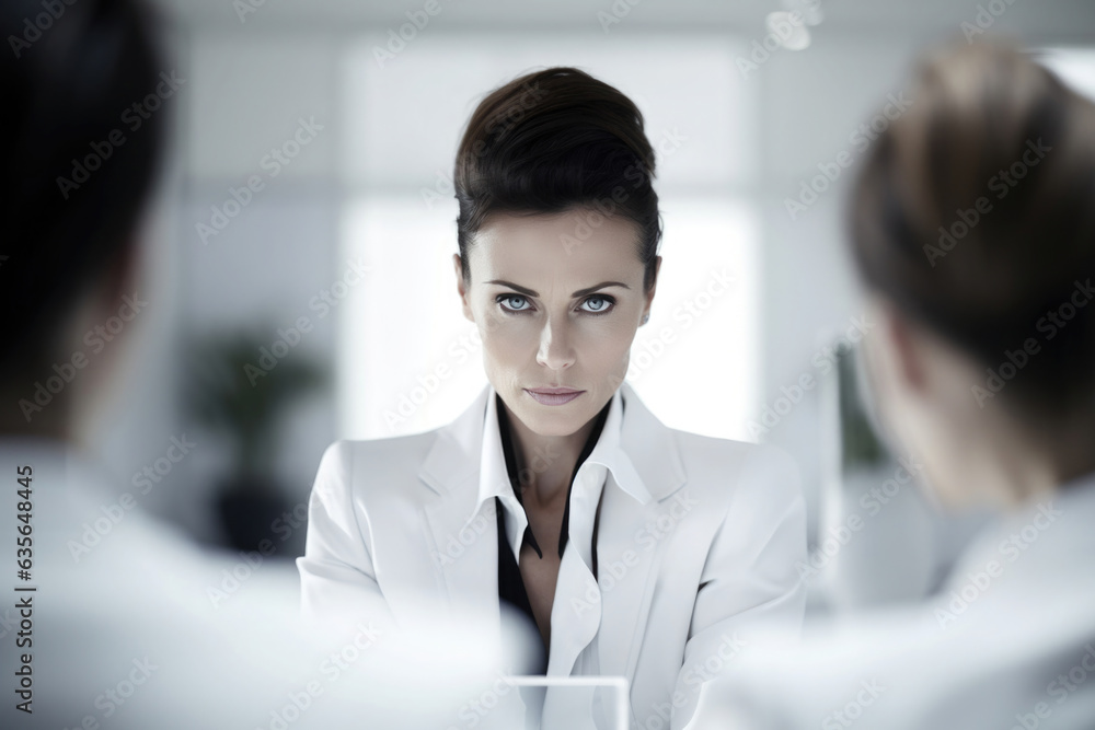 angry looking business woman or company boss to her
employee angry looking business woman or company boss to her
employee