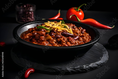 chili con carne on black. plate on a black background. Chile. mexican cuisine