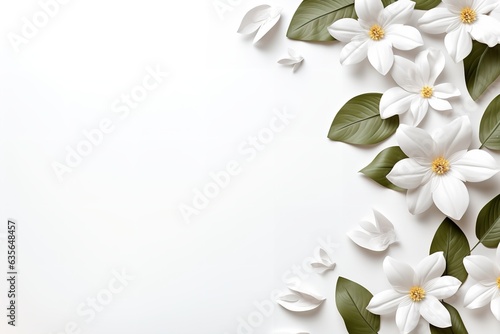 green leaves and white flowers wallpaper isolated on white background with space for text mockup