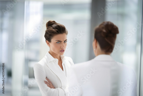 angry discussing business woman, in a white suit