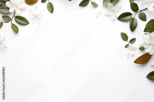 green leaves and white flowers wallpaper isolated on white background with space for text mockup