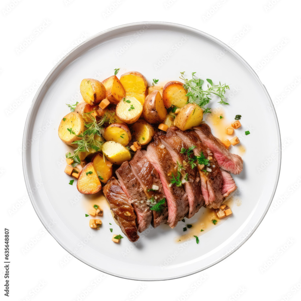 Veal and potatoes on transparent background plate transparent background Vertical photo Menu concept Top view Veal and potatoes on transparent background plate transparent background Vertical photo Menu concept Top view