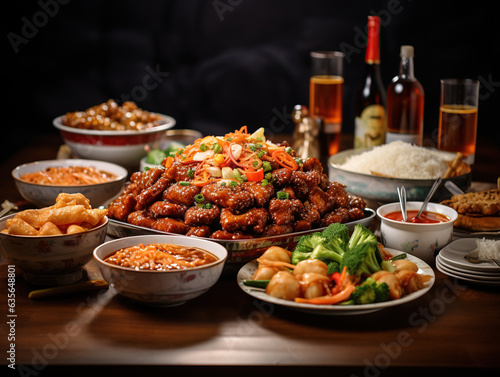 Variety of Chinese food, large plates of meat and rice