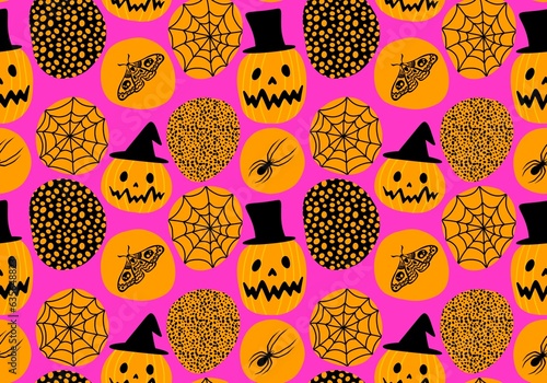 Autumn harvest vegetable seamless monster Halloween pumpkins pattern for wrapping paper and fabrics © Tetiana