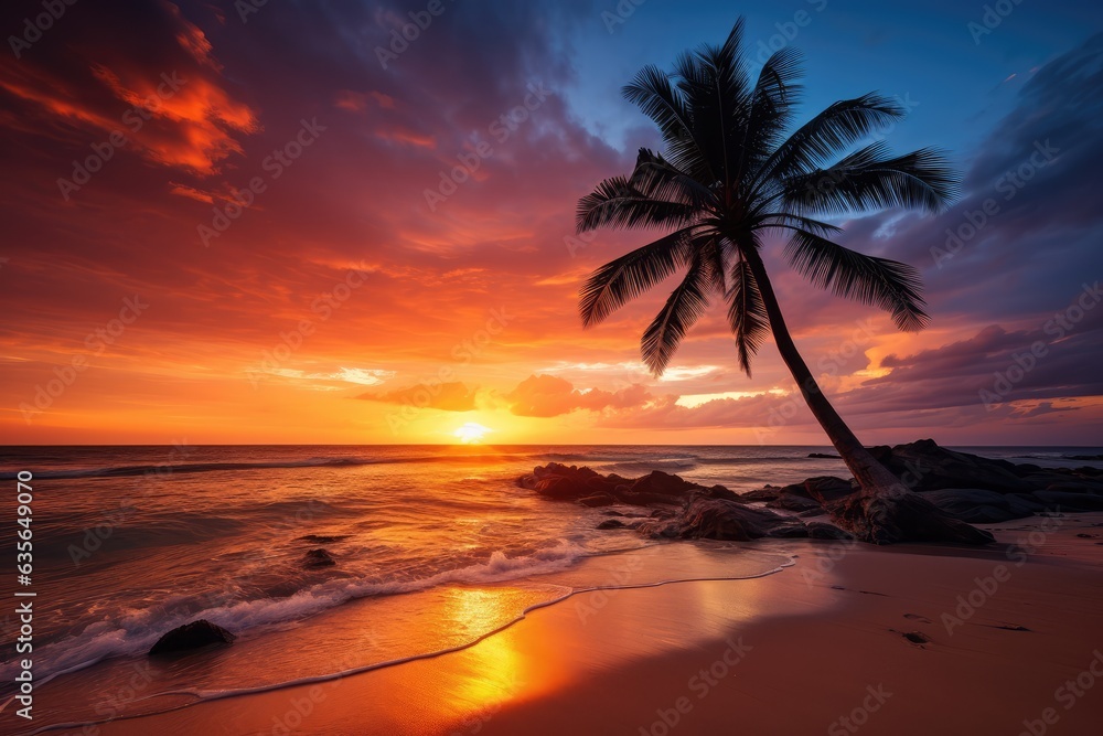 Silhouette of a palm tree against a dramatic sunset over a tropical beach - AI Generated
