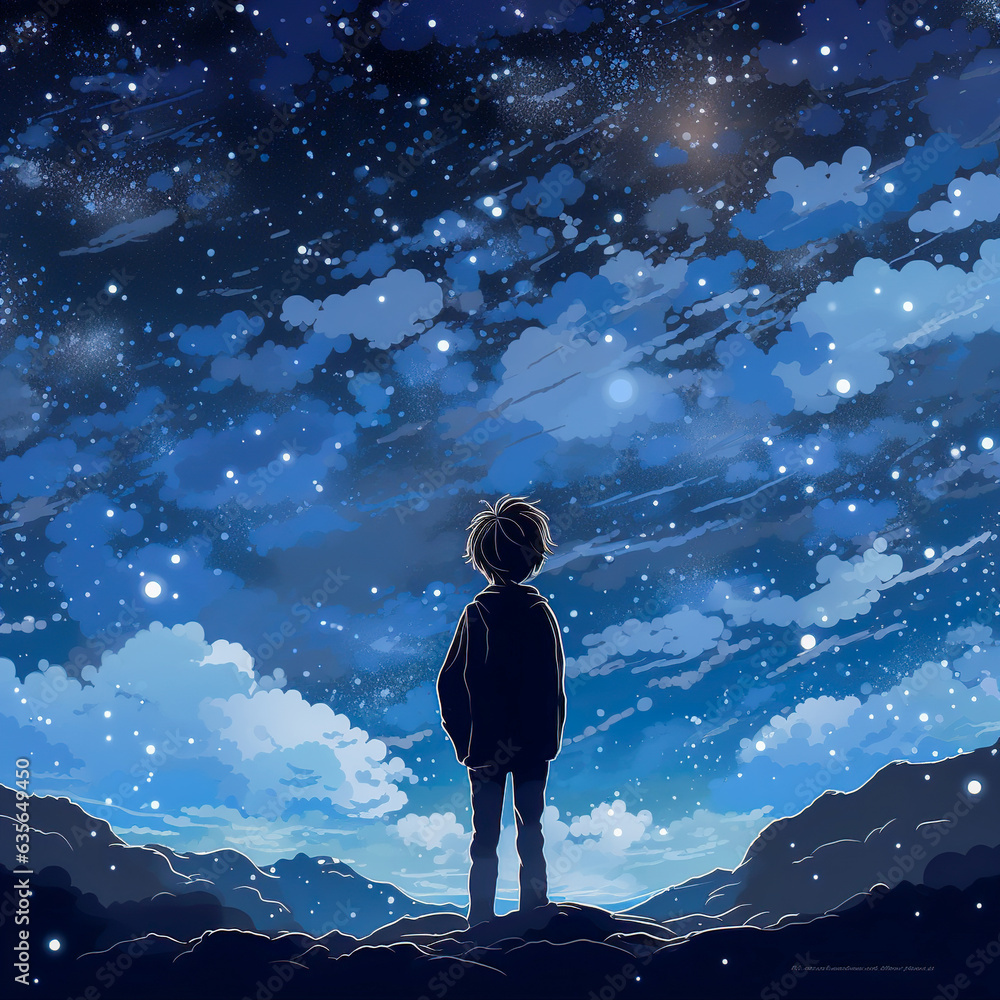 Obraz premium Illustration Of A Boy Looking At Night Starry Sky
