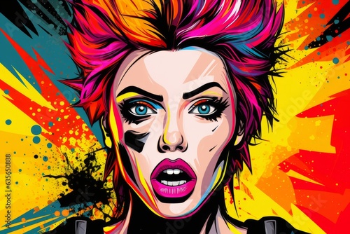 Rebel punk girl with vibrant lips in a pop art scene, Generative AI