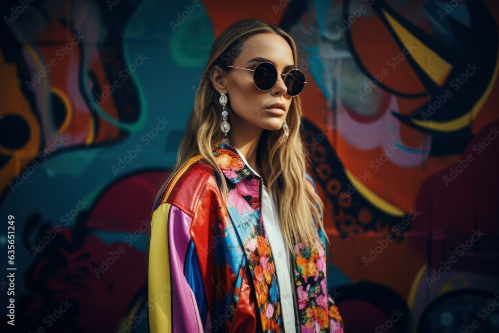 Beautiful fictional female model in colorful stylish fashion clothes and sunglasses. Fashionable woman wearing colored coat in a background of eclectic bold colors. Generative AI.