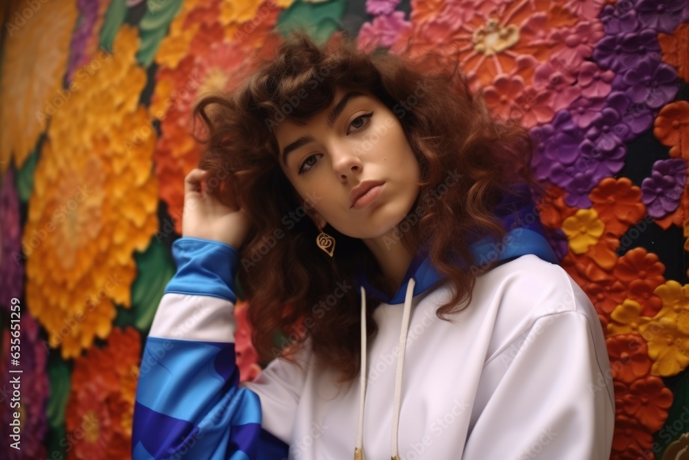 Beautiful fictional female model in colorful stylish fashion clothes. Fashionable woman wearing colored coat in a background of eclectic bold colors. Generative AI. Beautiful fictional female model in colorful stylish fashion clothes. Fashionable woman wearing colored coat in a background of eclectic bold colors. Generative AI.