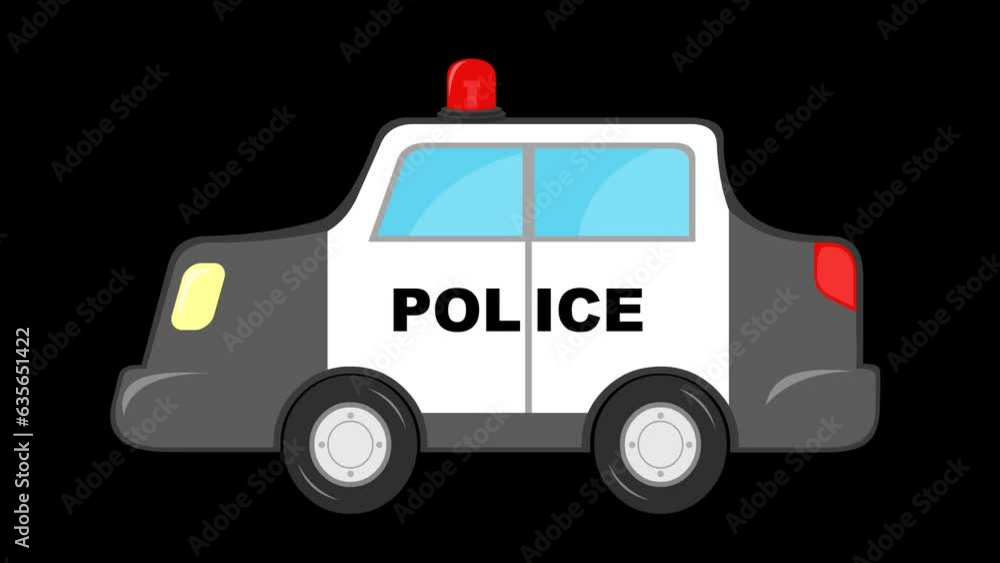 Video animation car police cartoon, moving the wheels and with the siren alarm active. On a transparent background with zero alpha channel Video animation car police cartoon, moving the wheels and with the siren alarm active. On a transparent background with zero alpha channel
