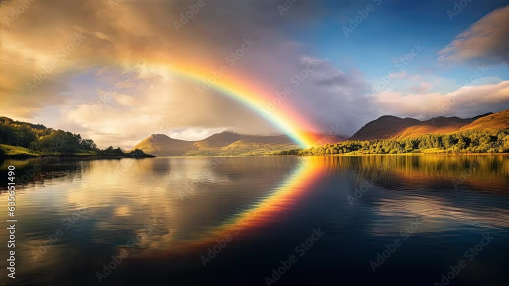 A boundless lake mirrors a rainbow, conjuring a liquid masterpiece where water and light entwine in captivating harmony A boundless lake mirrors a rainbow, conjuring a liquid masterpiece where water and light entwine in captivating harmony