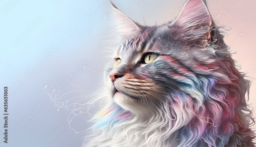 Cute realistic pastel rainbow colored paint cat with curly fur background