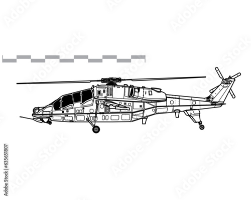 HAL Prachand. Vector drawing of attack helicopter. Side view. Image for illustration and infographics.