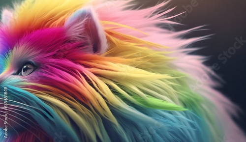 Cute realistic pastel rainbow colored paint cat with curly fur background © bravissimos