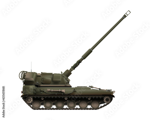 AHS Krab in realistic style. Polish self-propelled artillery. Raised barrel. Poland army. Military armored vehicle. Detailed colorful vector illustration isolated on white background.