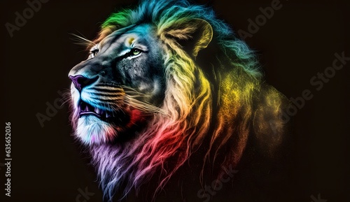 Cute realistic pastel rainbow colored paint Lion with curly fur background