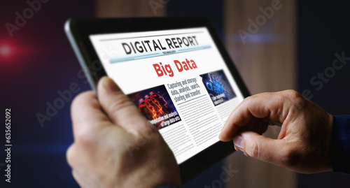 Big data analysis technology newspaper on mobile tablet screen