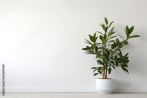 Beautiful house plant in the pot on wooden floor set beside the wall with sunbeam and shadow on white empty wall. Background  mockup backdrop. Green houseplant decoration. Products overlay