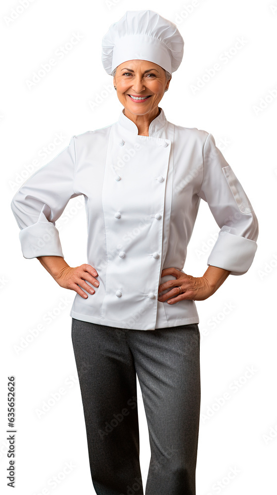Chef happy adults mature woman standing wear uniforms to cook on a transparent background. Design ai Chef happy adults mature woman standing wear uniforms to cook on a transparent background. Design ai