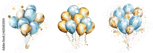 Holiday celebration set with isolated bunches of golden and blue balloons. Watercolor or aquarelle painting illustration, cutout on transparent background.