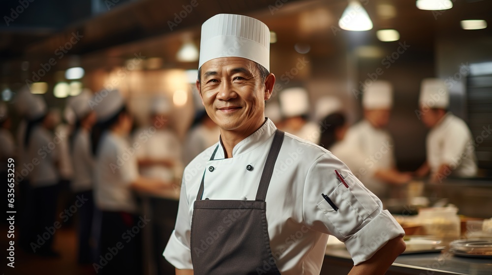 Happy Chef asian man of a Big Restaurant Crosses Arms and Smiles in a Modern Kitchen. Design ai
