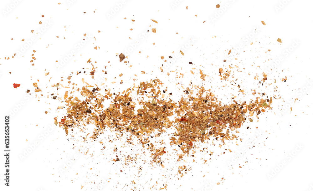 Garam masala, minced spice blend, mix black pepper, coriander, cumin, garlic granules, allspice, sea salt, ground chili peppers, cinnamon, cloves grain, chopped ginger, bay leaves isolated on white Garam masala, minced spice blend, mix black pepper, coriander, cumin, garlic granules, allspice, sea salt, ground chili peppers, cinnamon, cloves grain, chopped ginger, bay leaves isolated on white