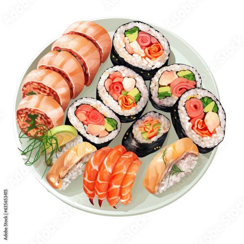 Assorted seafood rolls with ginger and wasabi served on a white plate