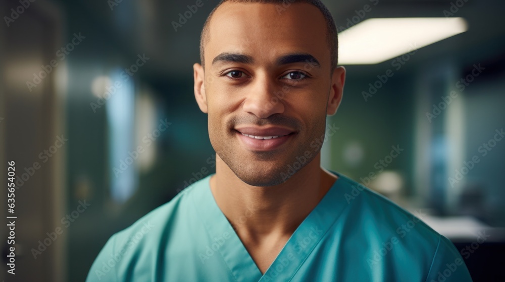 portrait of person of colour, black, male medical staff member smiling towards camera, short focal length, out of focus background portrait of person of colour, black, male medical staff member smiling towards camera, short focal length, out of focus background