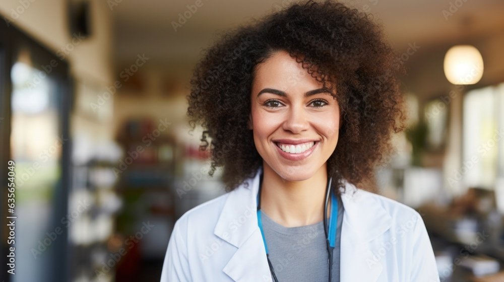 portrait of person of colour, black, female medical staff member smiling towards camera, short focal length, out of focus background portrait of person of colour, black, female medical staff member smiling towards camera, short focal length, out of focus background