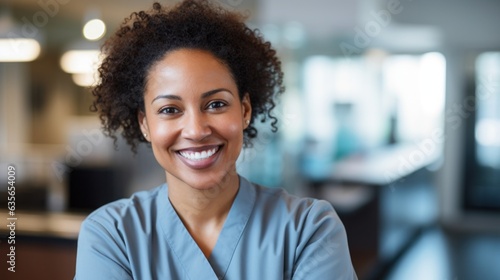 portrait of person of colour, black, female medical staff member smiling towards camera, short focal length, out of focus background