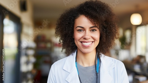 portrait of person of colour, black, female medical staff member smiling towards camera, short focal length, out of focus background