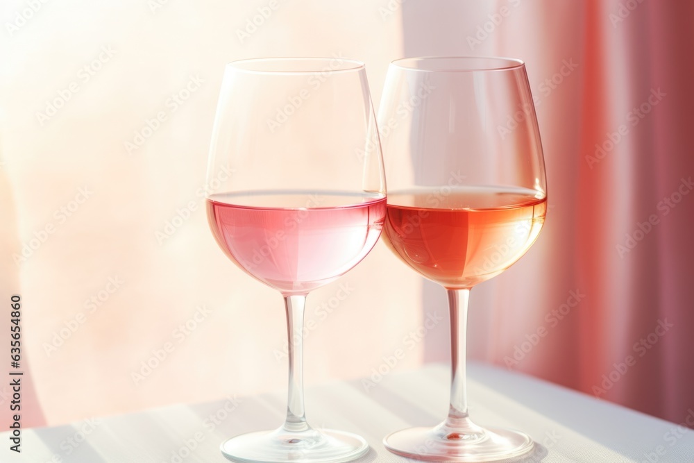 Two glass with rose wine on light pink background. Wineglasses. Summer drink for party, wine shop or wine tasting concept. Date or romantic dinner. Copy space