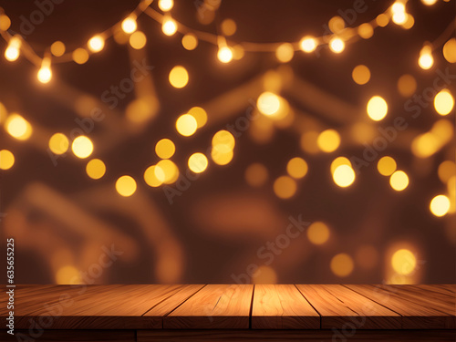 Mesa de madera vac  a frente a un fondo borroso con luces bokeh. Vista de frente y de cerca. Copy space. IA Generativa