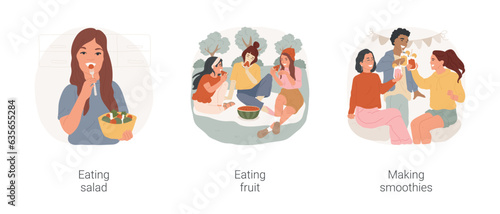 Healthy food choice isolated cartoon vector illustration set. Teenage girl eating vegetable salad, healthy lifestyle, sharing fruit, teen drinking smoothie, natural vitamins vector cartoon.
