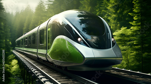 Eco-Friendly Train in Urban Landscape: Sustainable Mobility Solution, Efficient Green Transportation, Modern City Commuting, Environmental-Focused Rail System, Stock Photo