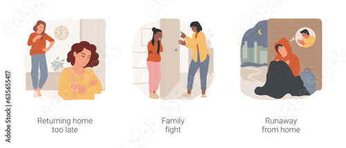 Conflicts with parents isolated cartoon vector illustration set. Teenager returning home too late, angry parents, family fight, teen yelling and closing door, runaway from home vector cartoon.
