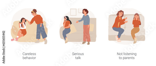 Teen-parent misunderstanding isolated cartoon vector illustration set. Teen careless behavior problem, family conflict, serious talk with teenage child, not listening to parent vector cartoon. photo