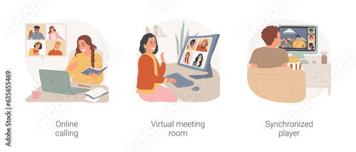 Online conferencing isolated cartoon vector illustration set. Smiling teen girl having video conference, calling friends, virtual meeting room, synchronized player, movie remotely vector cartoon.
