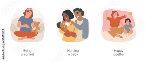 Teenage parents isolated cartoon vector illustration set. Dreaming pregnant teen girl, waiting for childbirth, nursing baby, young couple feeding child, mother playing with toddler vector cartoon.