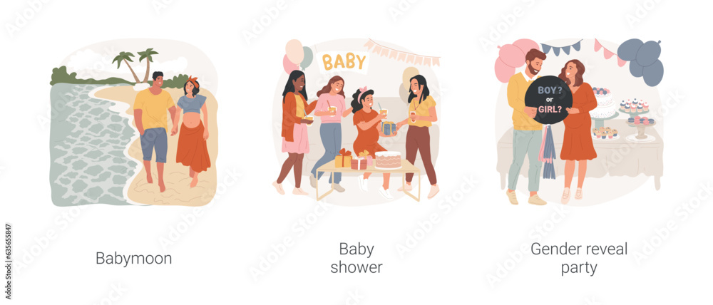 Parents-to-be celebrations isolated cartoon vector illustration set. Babymoon romantic vacation, baby shower, gender reveal party, happy family expecting a baby, pregnant woman vector cartoon.