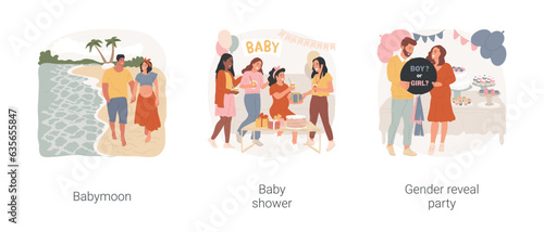 Parents-to-be celebrations isolated cartoon vector illustration set. Babymoon romantic vacation, baby shower, gender reveal party, happy family expecting a baby, pregnant woman vector cartoon.