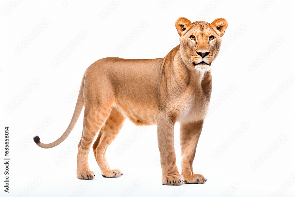 Obraz premium Lioness isolated on white background. Animal right side portrait.
