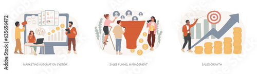 Marketing software isolated concept vector illustration set. Marketing automation system, sales funnel management, sales growth, crm system, lead conversion, client database vector concept.