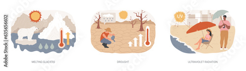 Global warming isolated concept vector illustration set. Melting glaciers, drought, ultraviolet radiation, raising sea level, natural disaster, extreme weather condition, UV rays vector concept.