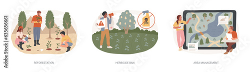 Climate change mitigation isolated concept vector illustration set. Reforestation, herbicide ban, area management, replanting trees, insecticide and pesticide ban, organic farming vector concept.
