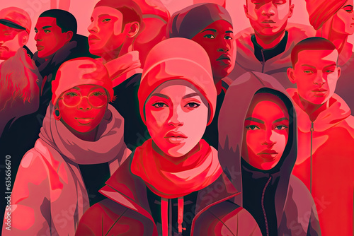Red coloured portrait of young stylish group of people