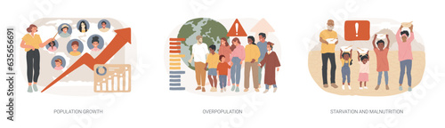 Demographics isolated concept vector illustration set. Population growth, overpopulation, starvation and malnutrition, human quantity growth, hunger and lack of food, urbanization vector concept.